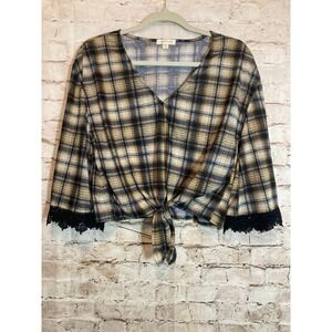 Paper Tee Crop Top‎ Womens Large Black & Tan Plaid Crochet Trimmed Tie Front